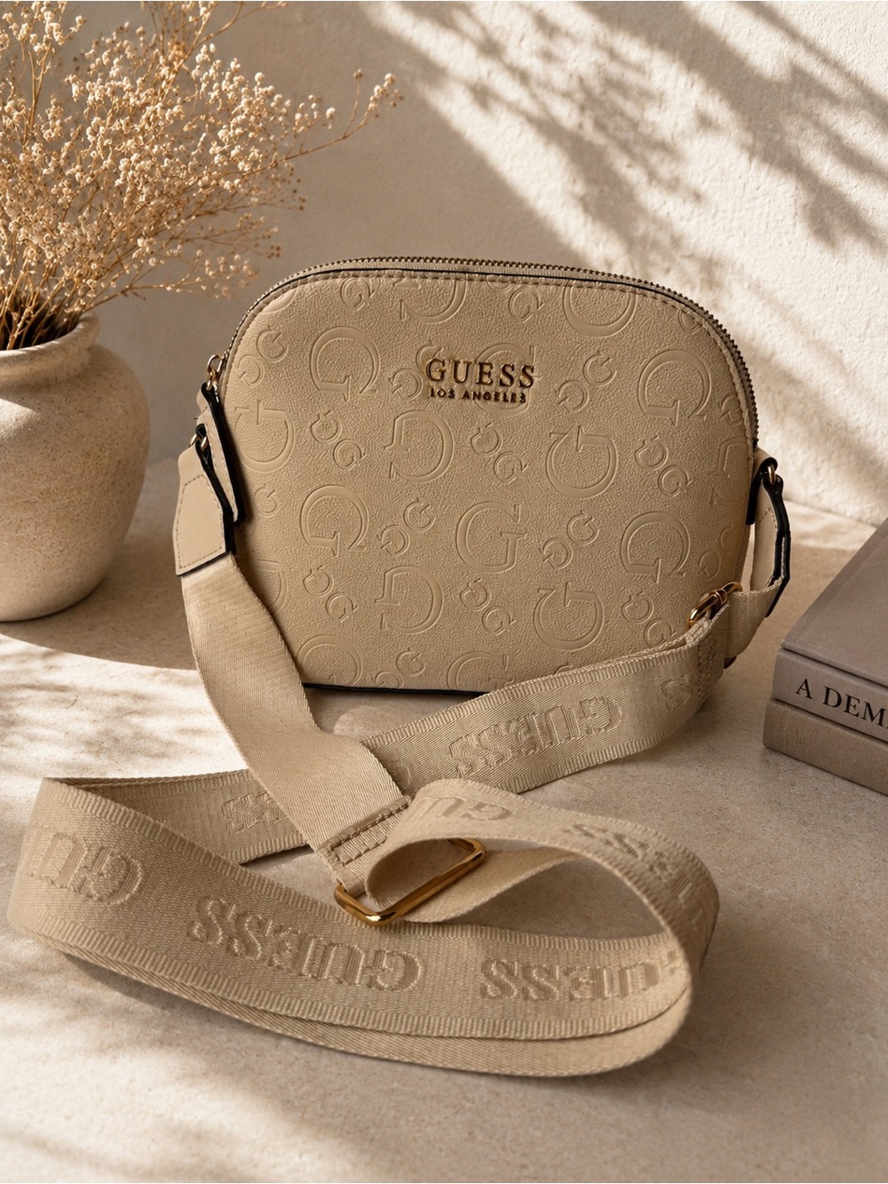GUESS Beige Embossed Logo Crossbody with Branded Strap